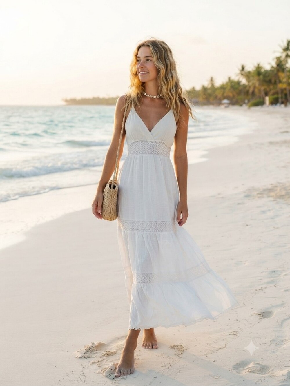 Surf Gypsy White V-Neck Crochet Trim Tiered Maxi Dress Size M